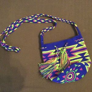 Lovely small brightly colored woven bucket bag